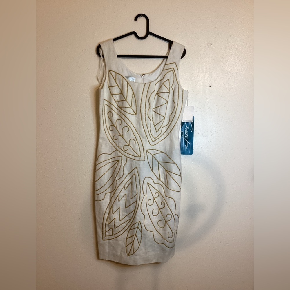 Santa Fe By Jim Tremblay Sheath Ramie Gold Embroidered Leaves Dress Size 4 NWT